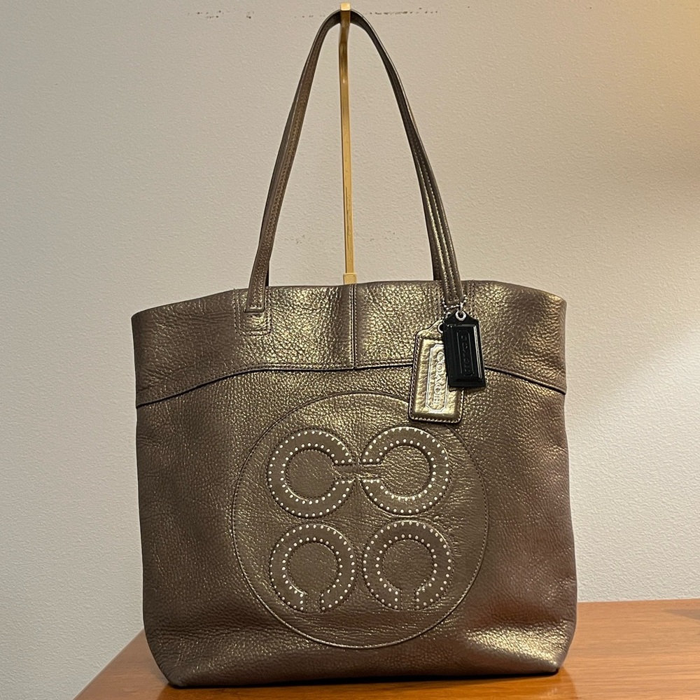 EUC Coach Julia Op Art in Metallic Bronze Leather Tote Bag
